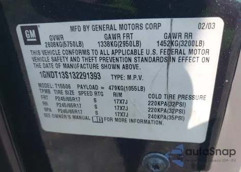 2003 Chevrolet Trailblazer Ltz z USA, uszkodzony, nr VIN 1GNDT13S132291393